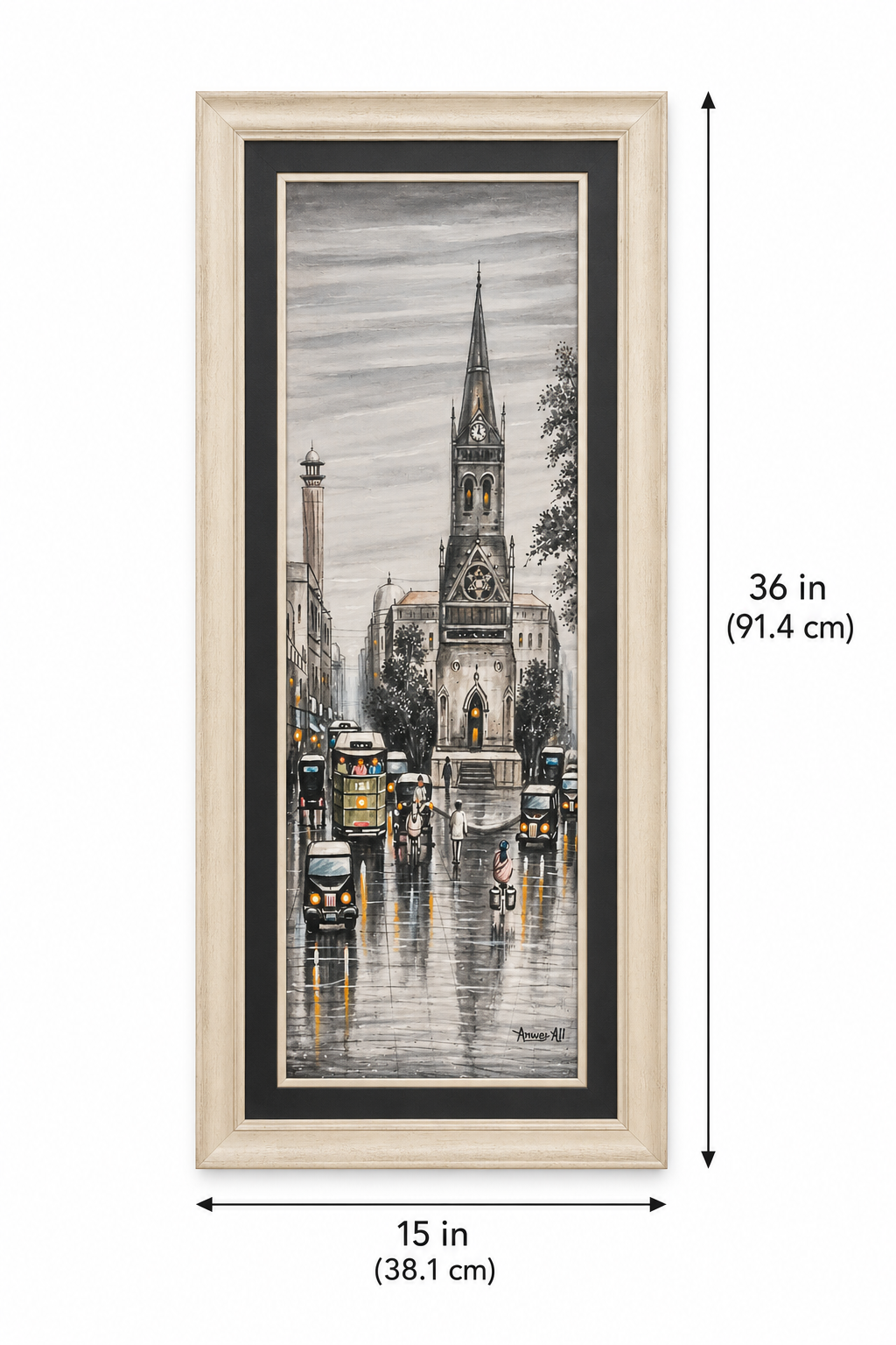 Anwar Ali Rainy Cityscape Painting – Framed Pakistani Art