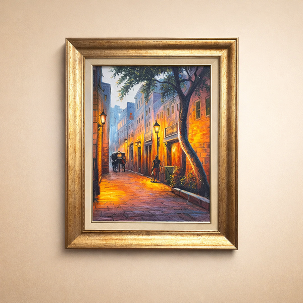 Cobblestone Serenade - European Cityscape Night Scene Oil Painting