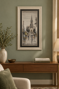 Anwar Ali Rainy Cityscape Painting – Framed Pakistani Art
