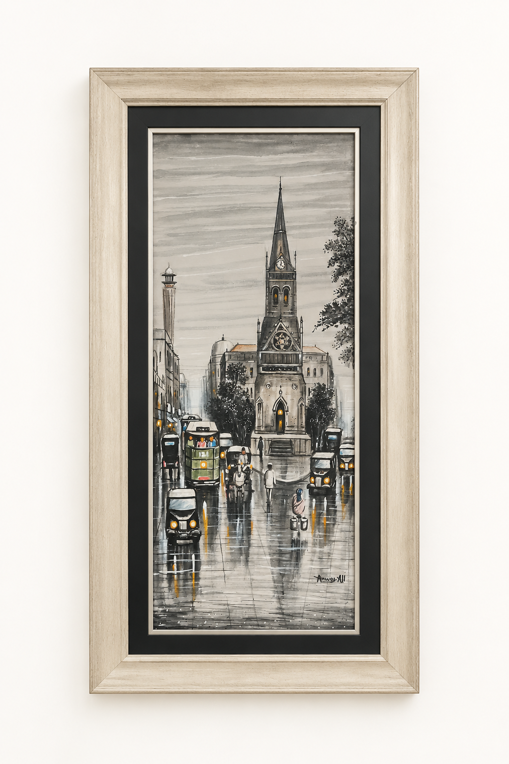 Anwar Ali Rainy Cityscape Painting – Framed Pakistani Art